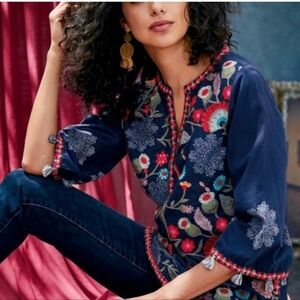 Soft Surroundings Embroidered Paraiso Tunic Navy Red Size S